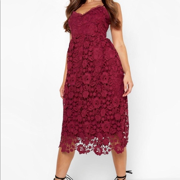 STRAPPY CROCHET LACE SKATER MIDI DRESS, size 10, COLOR RED - Picture 1 of 4
